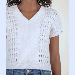 Kut From the Kloth cableknit vneck short sleeve casual basics easy wear white SM